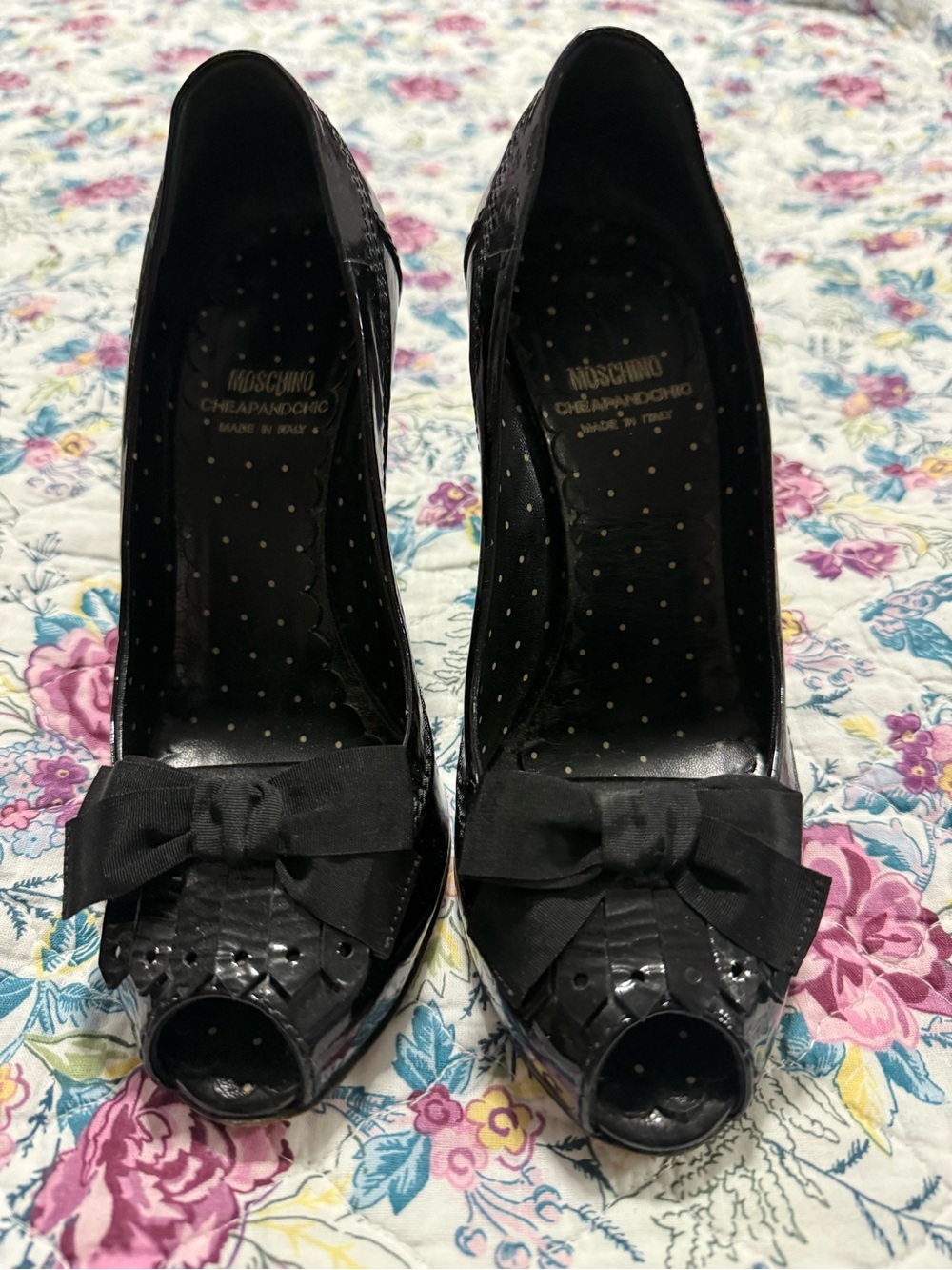 Moschino Black Patent Peep-Toe Pumps with Bow Detail
